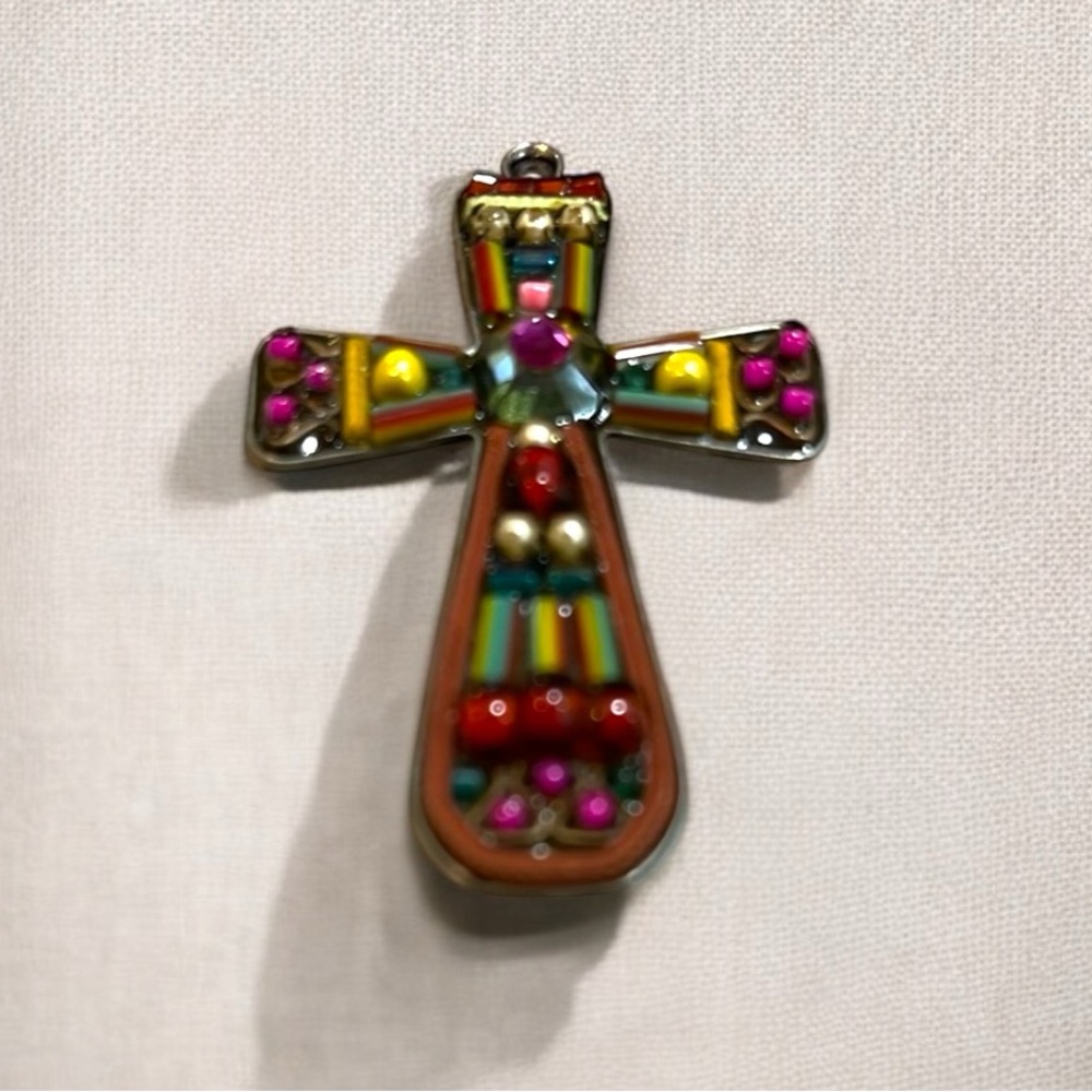 VINTAGE AYALA BAR CROSS BEADED PENDANT MULTICOLORED